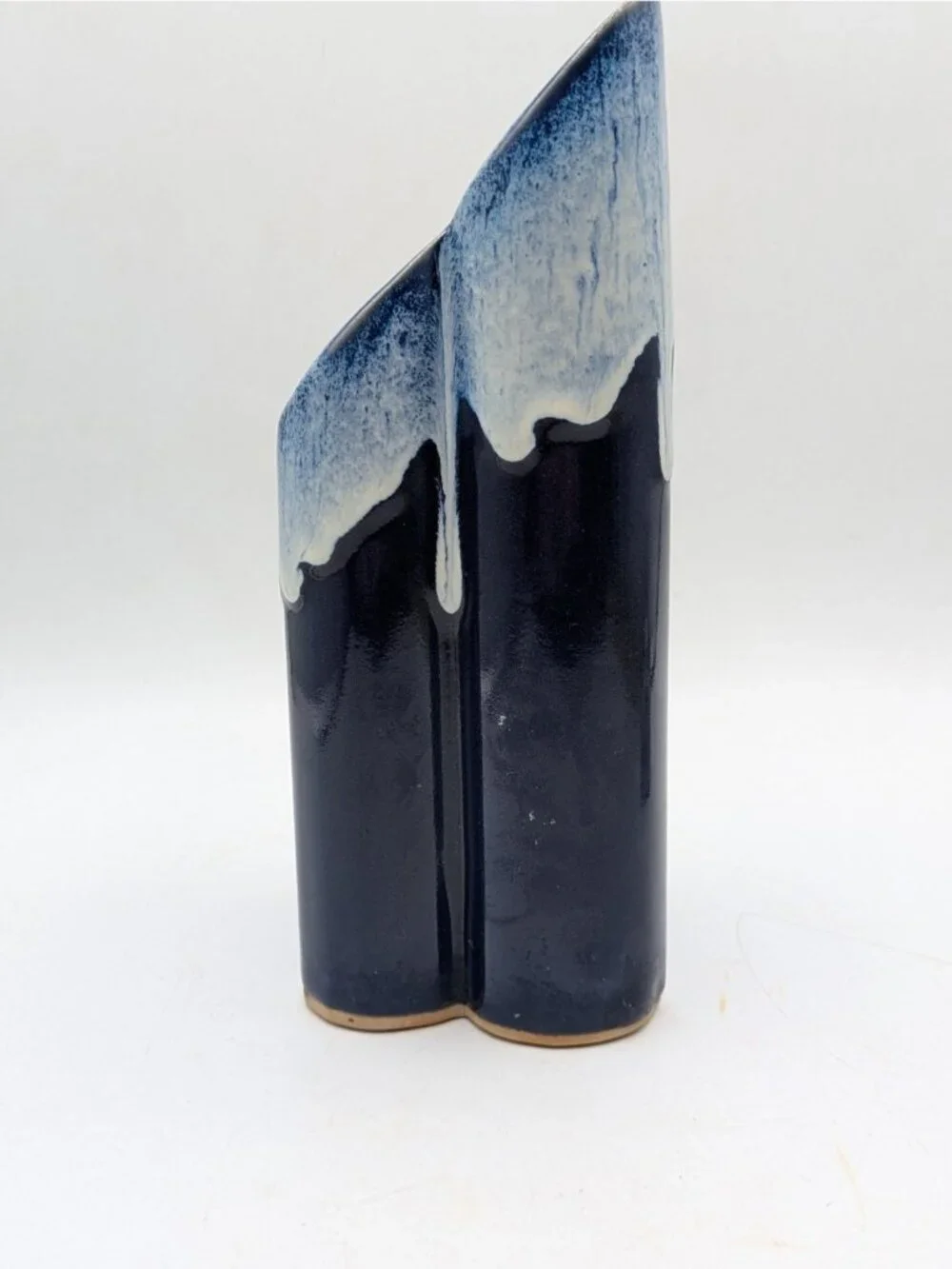 Vintage Art Pottery Triple Vase Blue Drip Glaze Handmade Signed 8.25